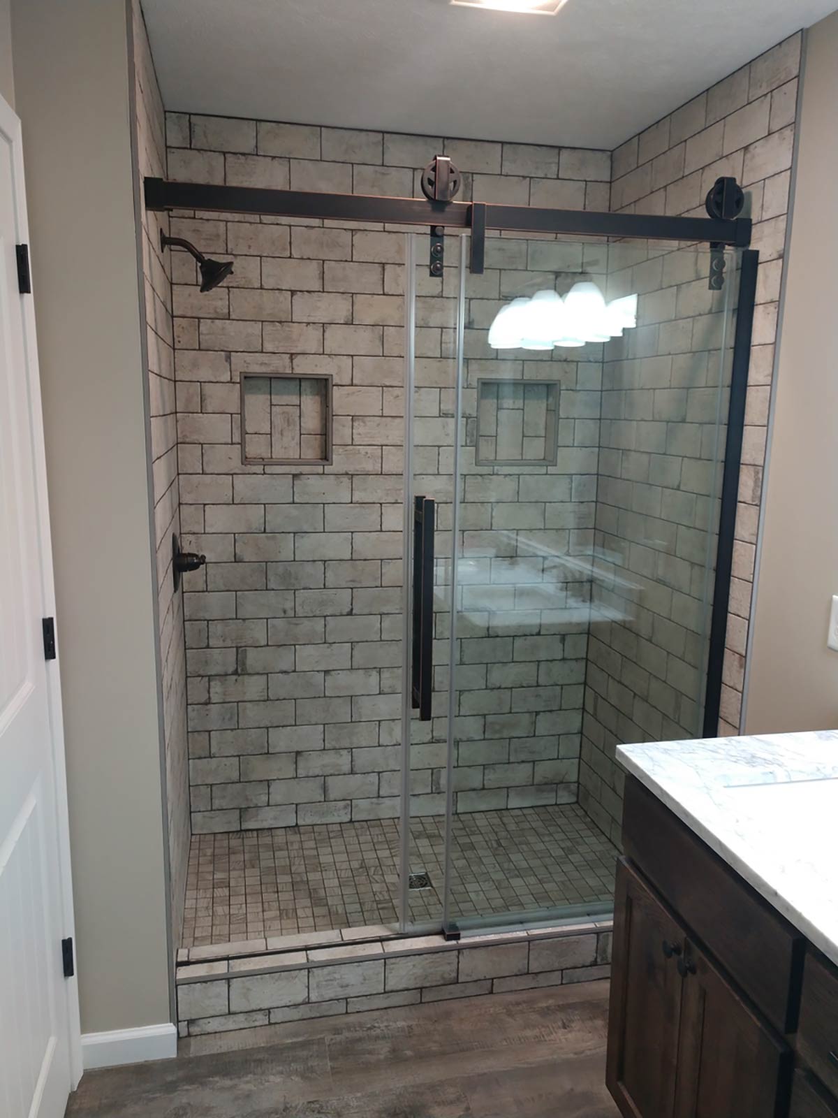 shower subway tile and barn doors